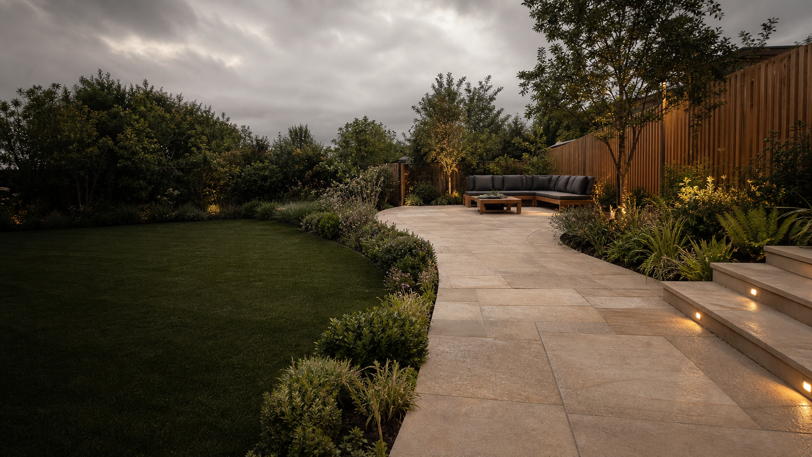 Original illustration of a finished stone patio and landscaped garden